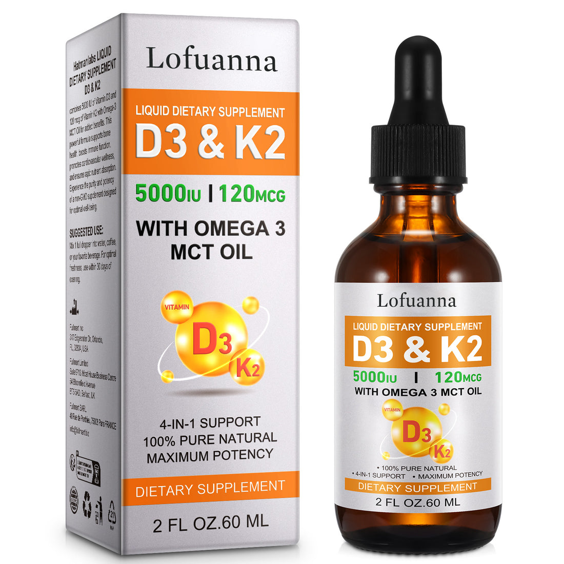 Lofuanna LIQUID DIETARY SUPPLEMENT D3 &amp; K2 50000IU/120MCG WITH OMEGA 3 MCT OIL