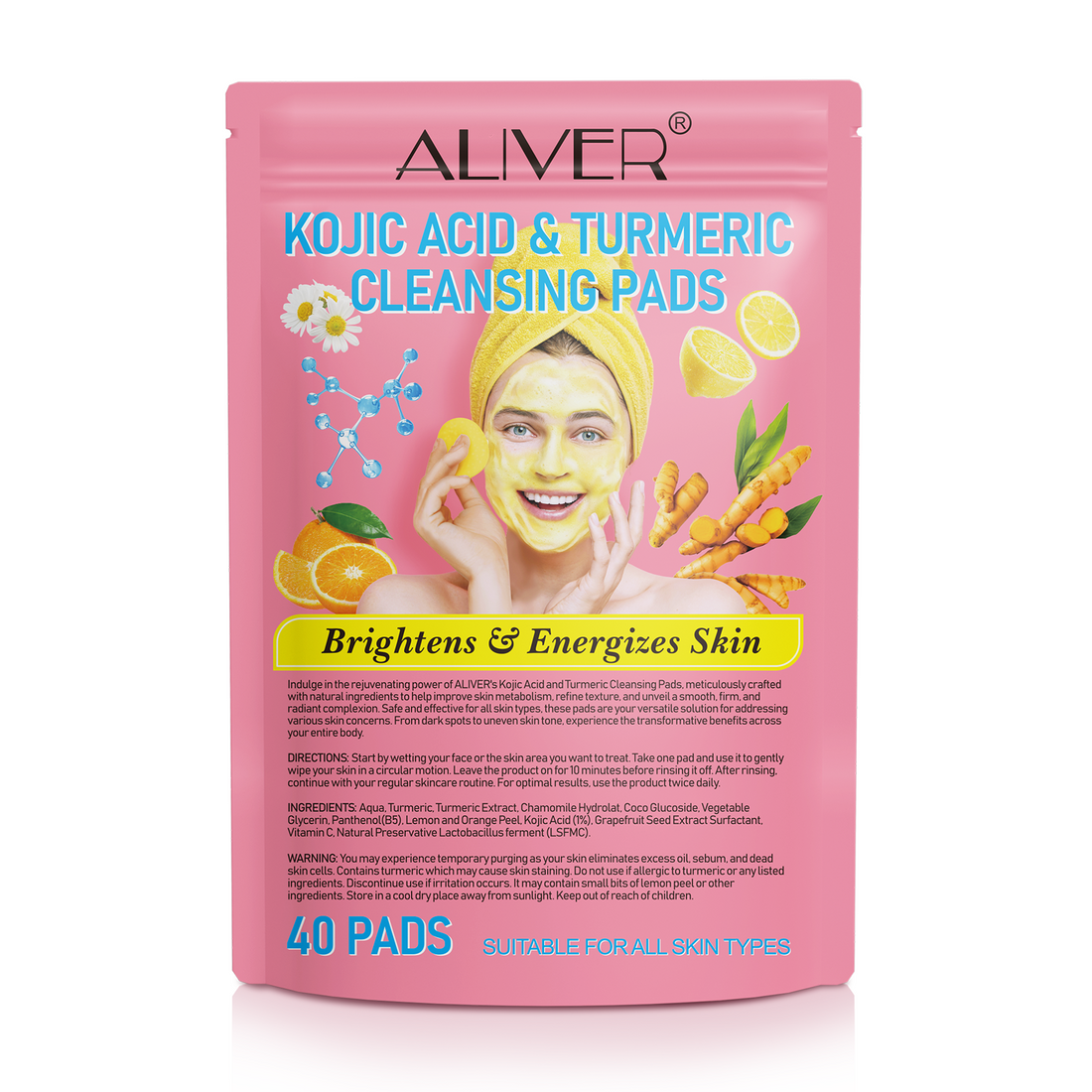 Aliver Kojic Acid and Turmeric Cleansing Pads for Face and Body 40 PCS