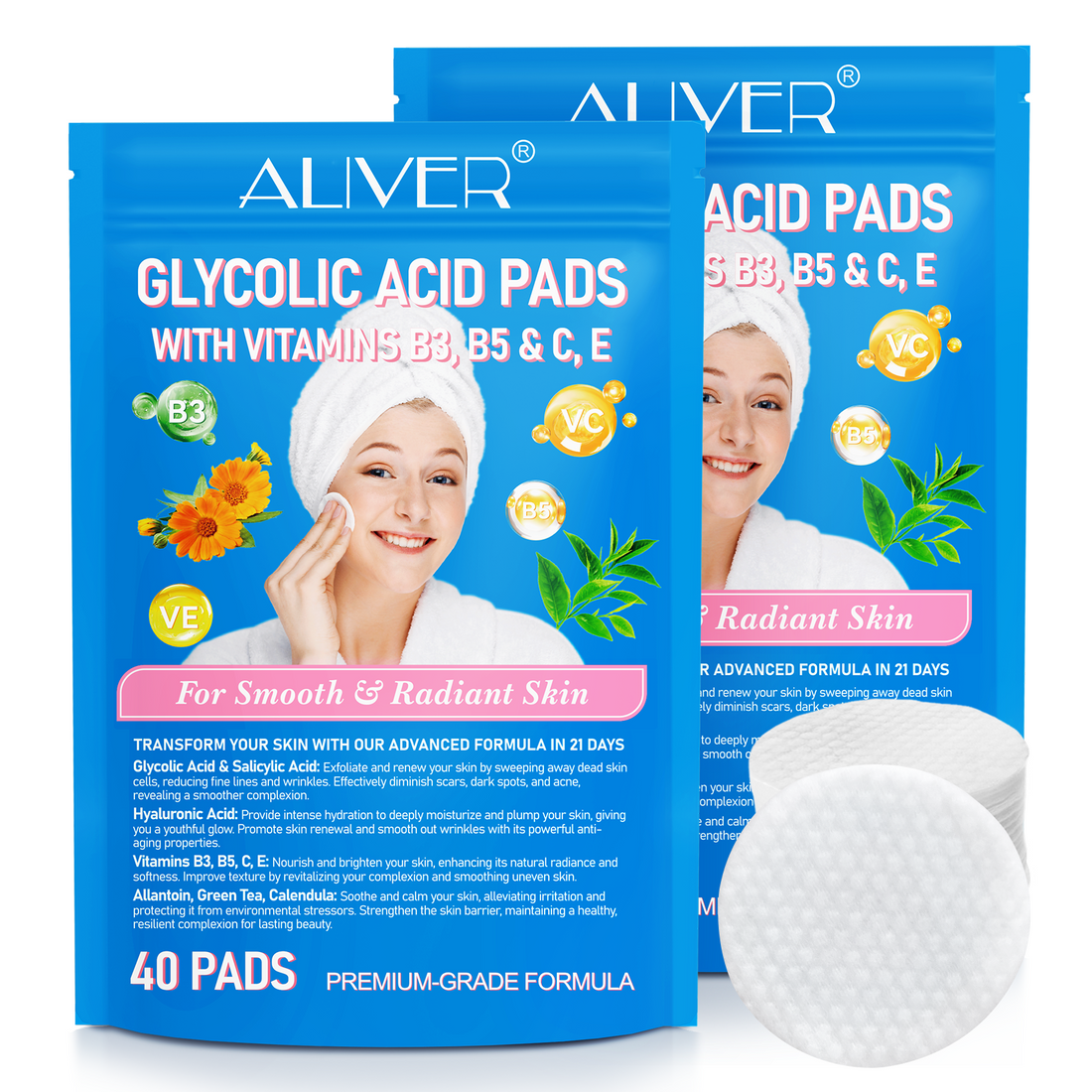 Aliver GLYCOLIC ACID PADSWITH VITAMINS B3,B5 &amp; C, E 40p