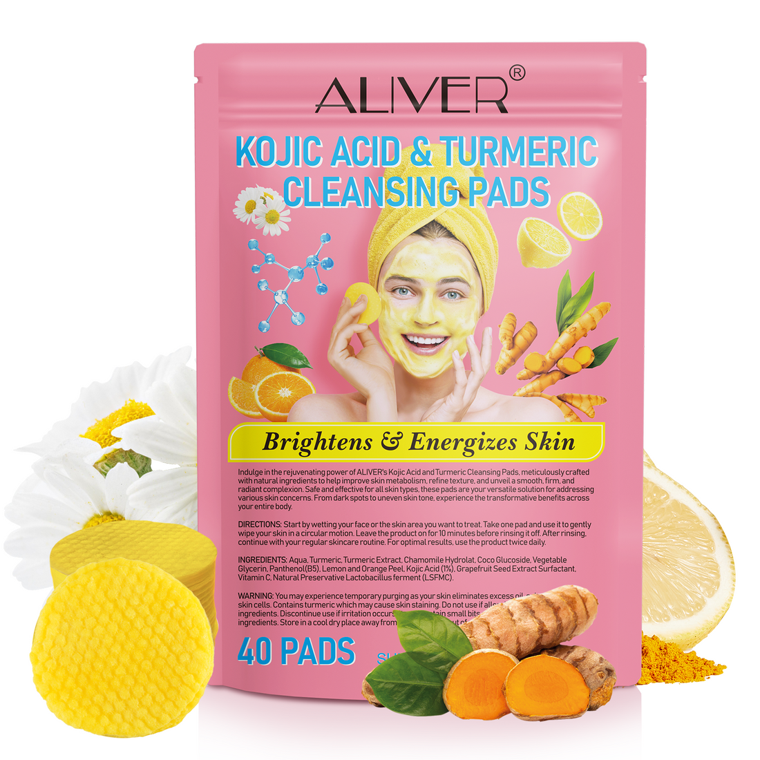 Aliver Kojic Acid and Turmeric Cleansing Pads for Face and Body 40 PCS