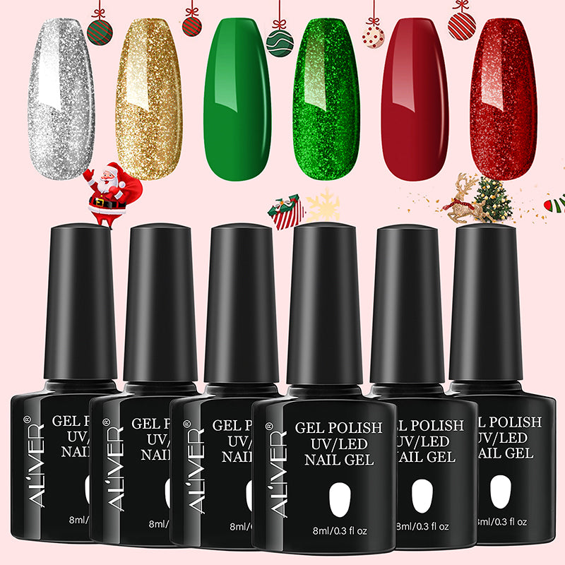 Aliver gel nail polish set, Merry Christmas  with top and base coat - 6 Colors